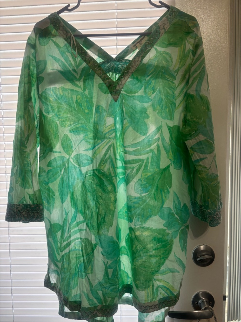 Christian Siriano Green Leaf-Print Sheer Tunic Blouse with silver details